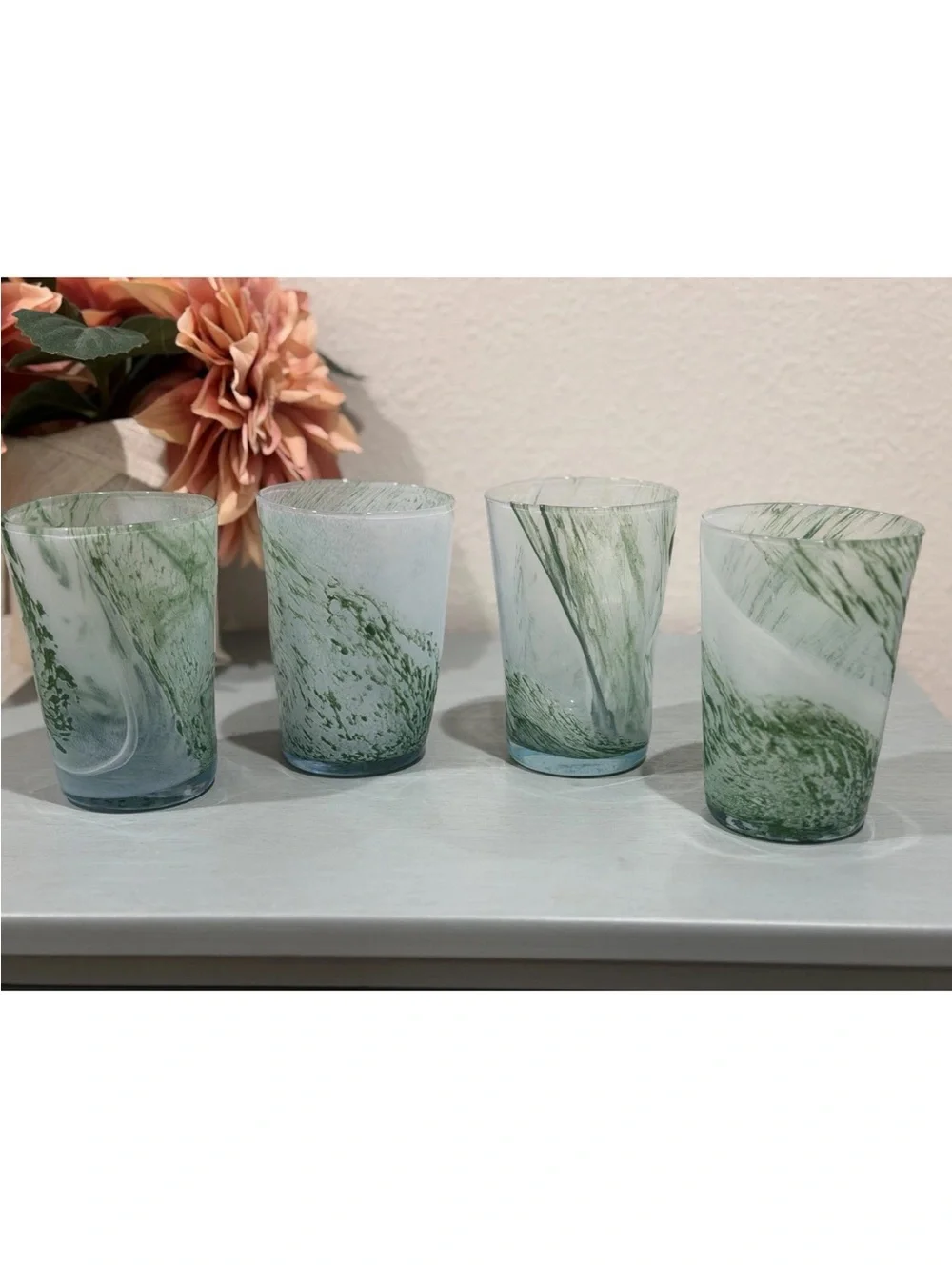 Murano Glass Tumbler Set 4 Green Hand Blown Drinking Glasses 4 7/8in Italy